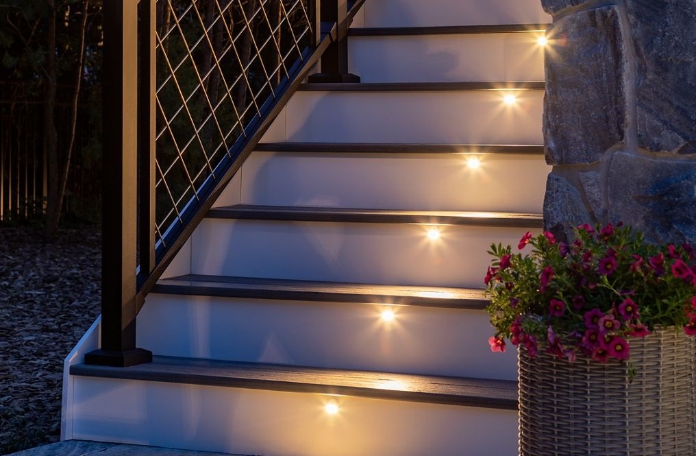 This is an image of the Stair Riser Light at night with them illuminated showing how they look and work on stairs.