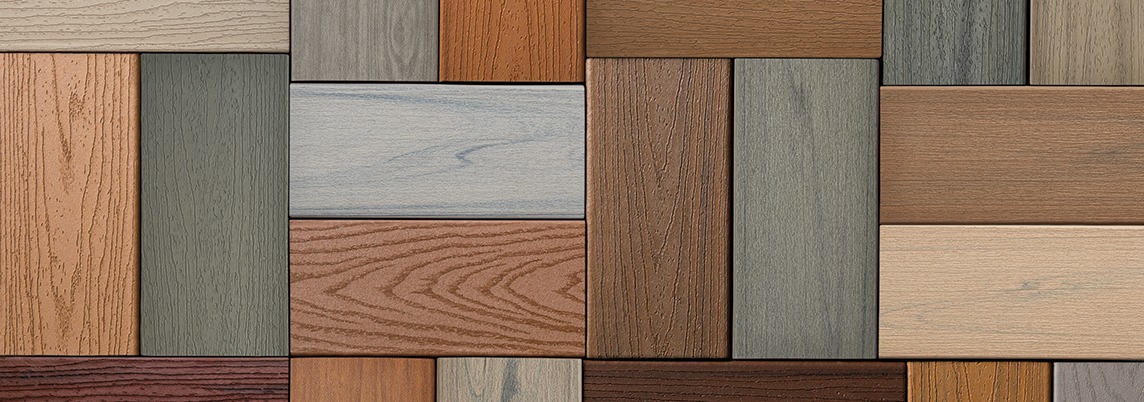 A large collage of composite deck boards arranged in a grid, showcasing a wide range of colors and woodgrain textures. The image highlights the visual variety available across different Trex collections, from warm browns and reds to cool grays and neutrals. This visual comparison helps homeowners explore finish and color options for their outdoor projects.