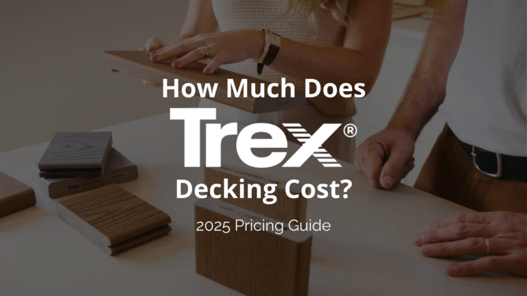 Close-up of Trex board samples on a table with people reviewing options and text overlay about trex decking cost in 2025.