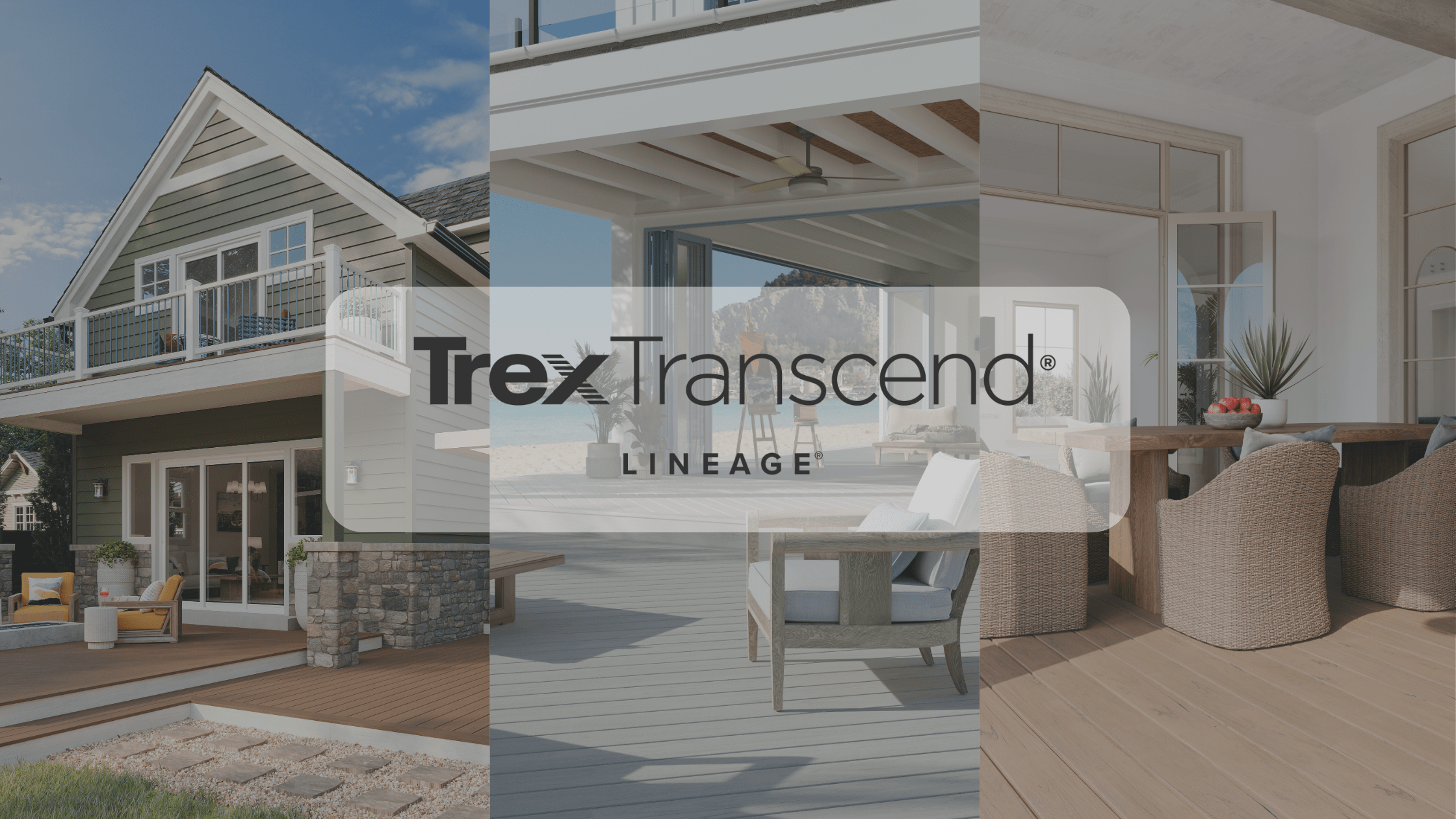 Trex Transcend Lineage® outdoor decks with modern designs and beach views, showcasing premium finishes and trex decking cost comparisons.