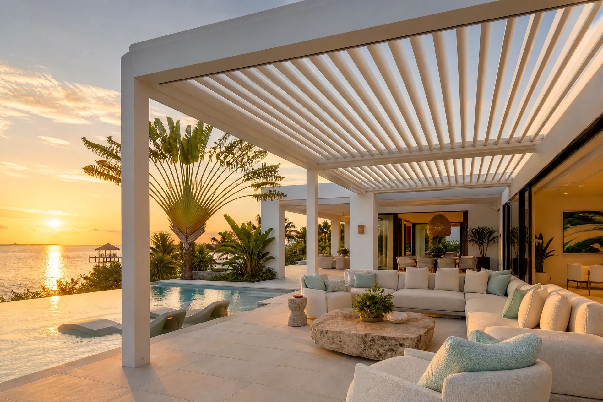 White aluminum louvered pergola over a luxury poolside patio with outdoor seating and ocean views at sunset.