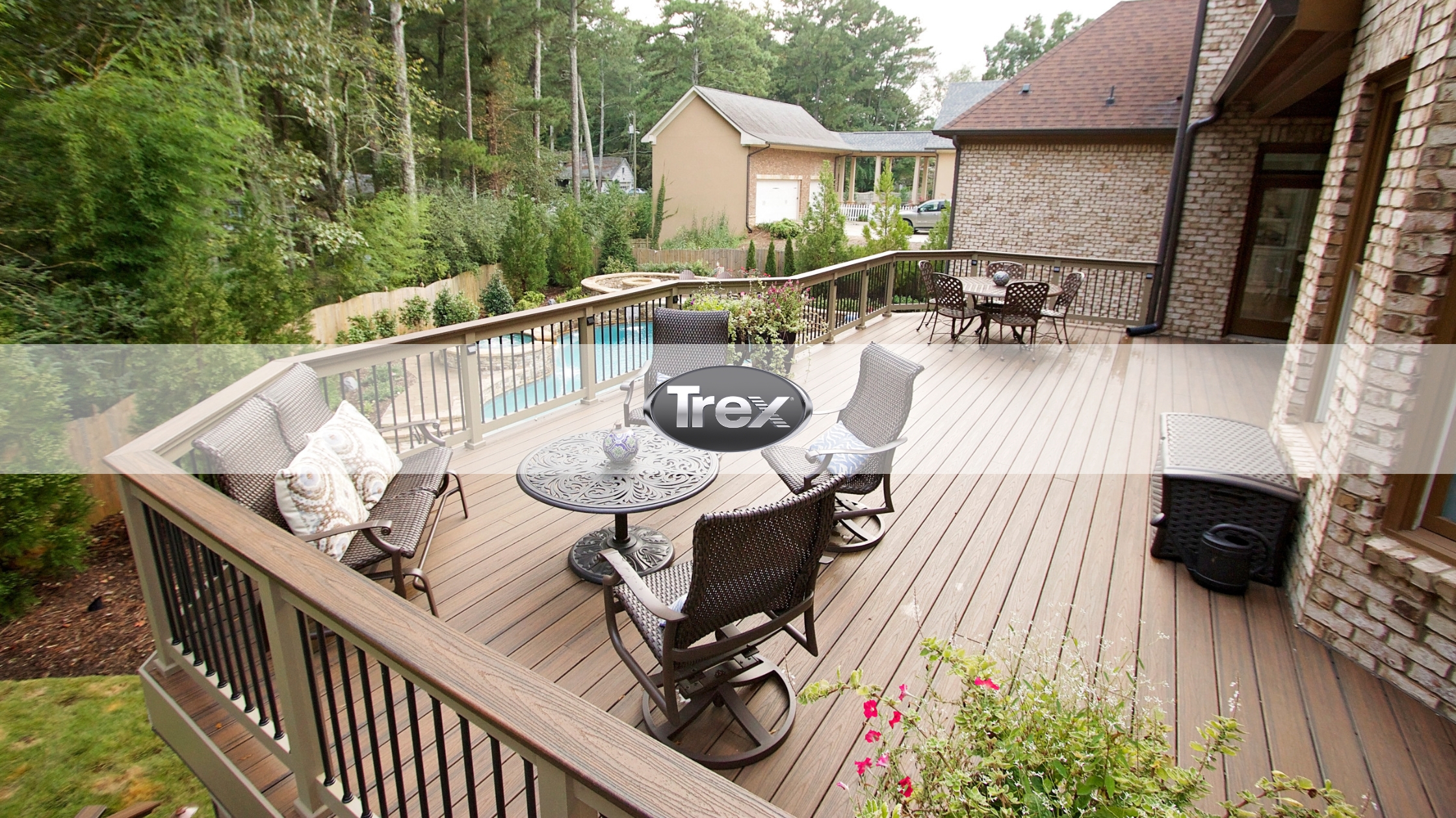 Trex composite decking installed on a residential backyard deck, highlighting low-maintenance boards, fade resistance, and modern outdoor living design.