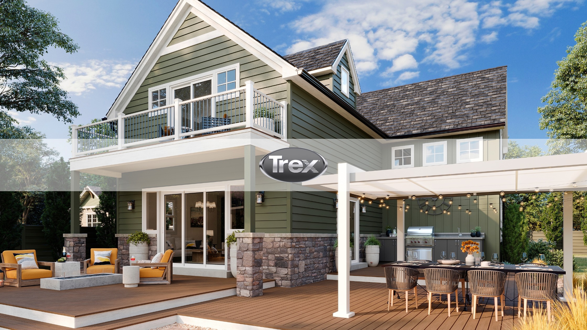 Stunning Trex deck with outdoor seating and dining area, featuring contemporary design in a lush green backyard.