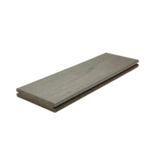 Trex Transcend Lineage Island Mist grooved-edge composite decking board, featuring a subtle silver hue and linear grain pattern for seamless installations with hidden fasteners.