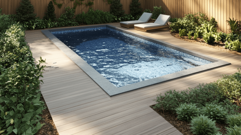 A spacious pool deck design that stretches along the swimming pool and patio, providing a cohesive layout for relaxation and entertaining.