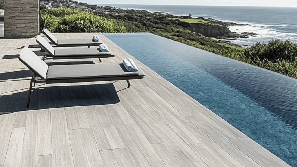 A sleek pool deck with an infinity-edge design, overlooking a scenic ocean view for a seamless water effect.