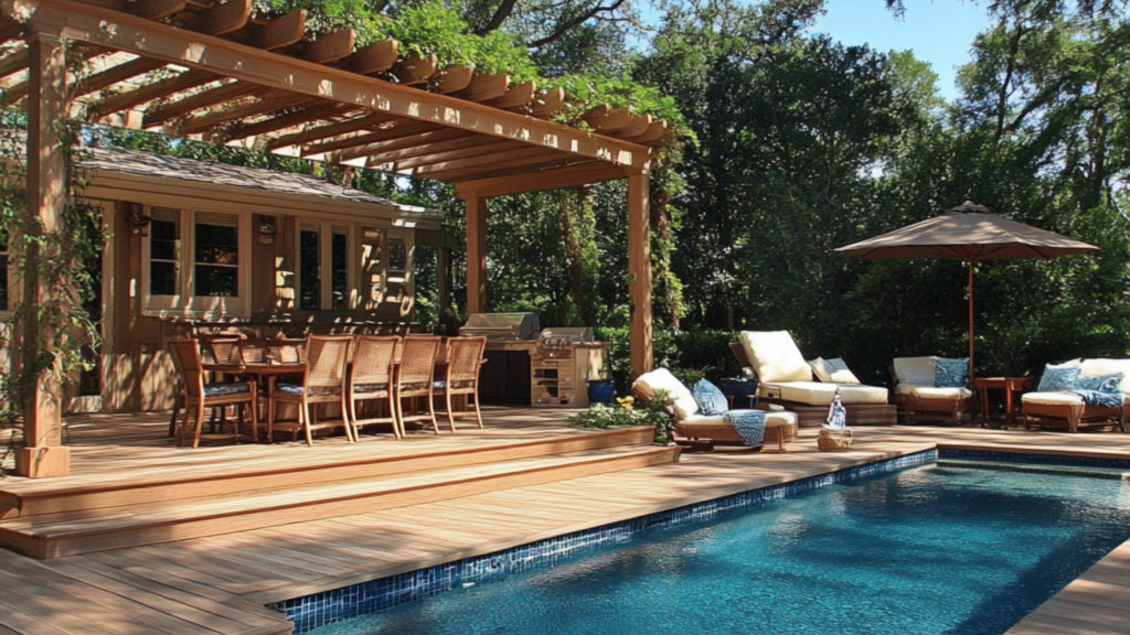 A multi-tiered wooden pool deck with a large pergola draped in greenery, creating a shaded dining and lounging space next to the pool.