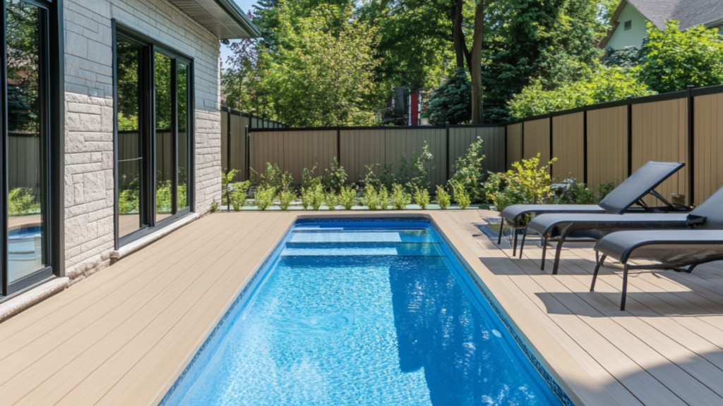 A contemporary pool deck design tailored for small spaces, optimizing comfort and usability in a compact pool patio layout.