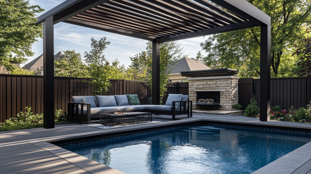 A stylish pool deck featuring a modern pergola for shade, alongside a private backyard swimming area.