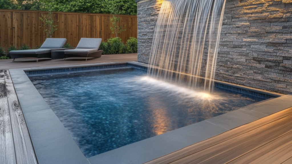 A pool deck with a stunning built-in water curtain feature, creating a serene and elegant poolside experience.