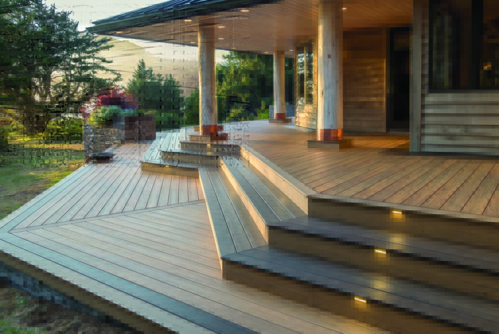 TimberTech Legacy Tigerwood composite decking on a multi-level outdoor space with integrated step lighting.
