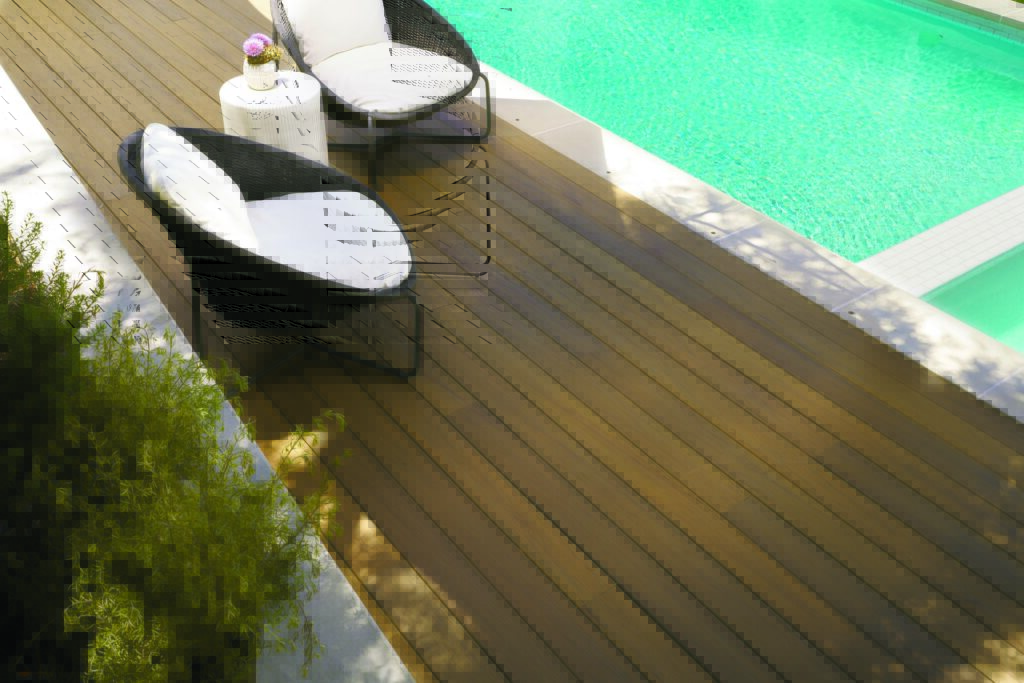 TimberTech Legacy Tigerwood deck with a tropical hardwood-inspired finish, blending into a modern backyard.