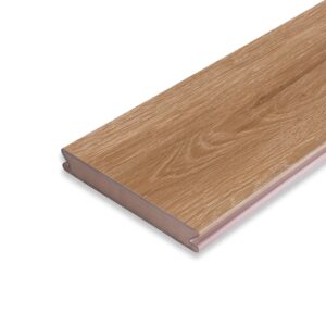 Angled view of the Eva-Last Pioneer grooved board in Barrel Oak, showcasing the subtle woodgrain texture and grooved edge design for hidden fastener installation.
