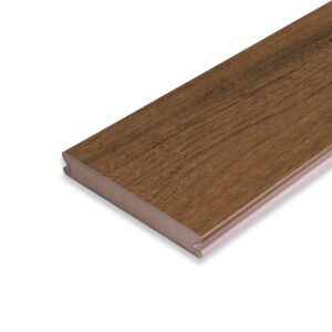 Angled view of the Eva-Last Pioneer grooved board in Natural Ipe, showcasing the subtle woodgrain texture and grooved edge design for hidden fastener installation.