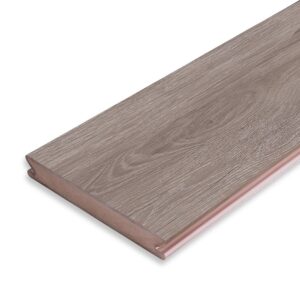 Angled view of the Eva-Last Pioneer grooved board in Weathered Ash, showcasing the subtle woodgrain texture and grooved edge design for hidden fastener installation.