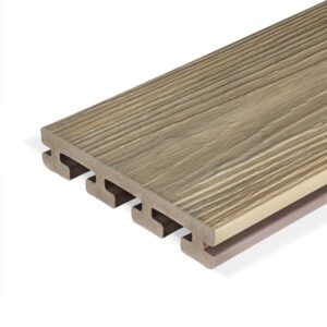 Eva-Last Infinity IS Oasis Palm grooved board featuring a lightweight I-beam design and a warm brown woodgrain texture for concealed clip installation.