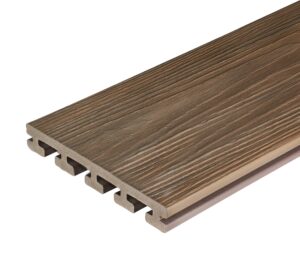 Eva-Last Infinity IS Oasis Palm wide grooved board with deep woodgrain detail and a rich, sunlit brown tone designed for broader deck coverage.