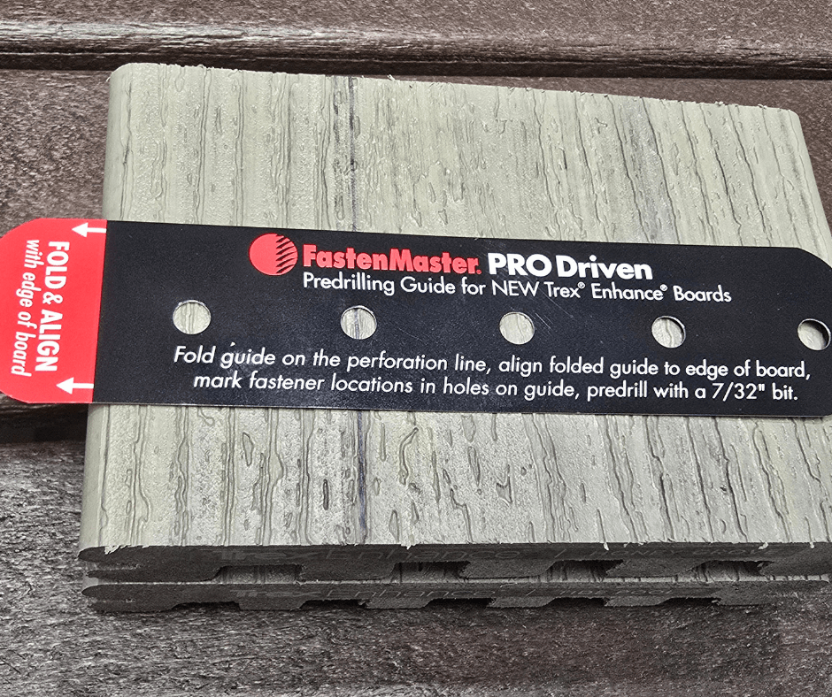 FastenMaster PRO Driven predrilling guide placed on updated Trex Enhance board, showing hole alignment for new fastener pattern.