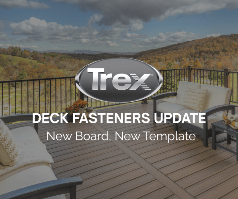 Trex Deck Fasteners Update graphic with a modern outdoor deck featuring composite decking and scenic mountain background.