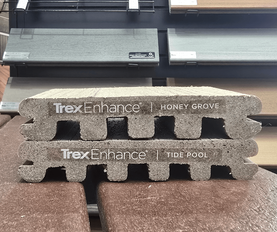 Side-by-side view of Trex Enhance Honey Grove and Tide Pool boards, highlighting the difference in scallop profiles for installation.