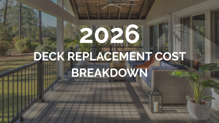 Modern composite deck with outdoor furniture and trees in the background, overlaid with text that reads “2026 Deck Replacement Cost Breakdown.”