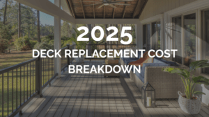 Modern composite deck with outdoor furniture and trees in the background, overlaid with text that reads “2025 Deck Replacement Cost Breakdown.”