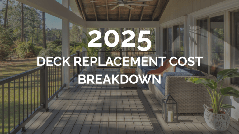 Modern composite deck with outdoor furniture and trees in the background, overlaid with text that reads “2025 Deck Replacement Cost Breakdown.”