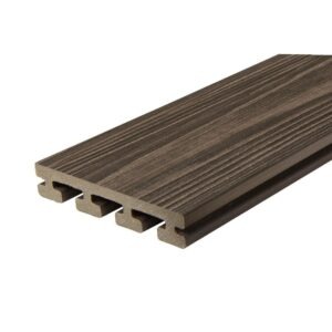 Eva-Last Eva-Tech IS Dual Tone Rusteak grooved edge decking board featuring woodgrain texture and bamboo composite core.