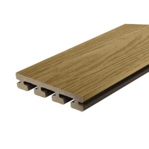 Eva-Last Eva-Tech IS grooved edge composite decking board in Savanna dual tone finish with realistic woodgrain texture.