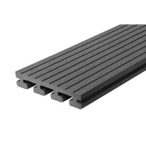 Angled close-up of the Eva-Last Eva-Tech IS WYDE grooved decking board in Xavia, featuring narrow horizontal ridges and a deep gray color.