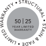 Circular badge highlighting Deckorators Vault’s 50-year structural and 25-year stain & fade limited warranty.