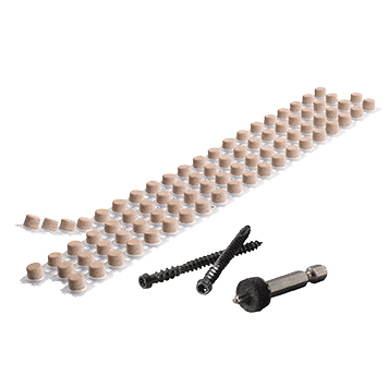 TimberTech Cortex hidden fastener system with color-matched plugs, screws, and installation tools for concealed decking installation.