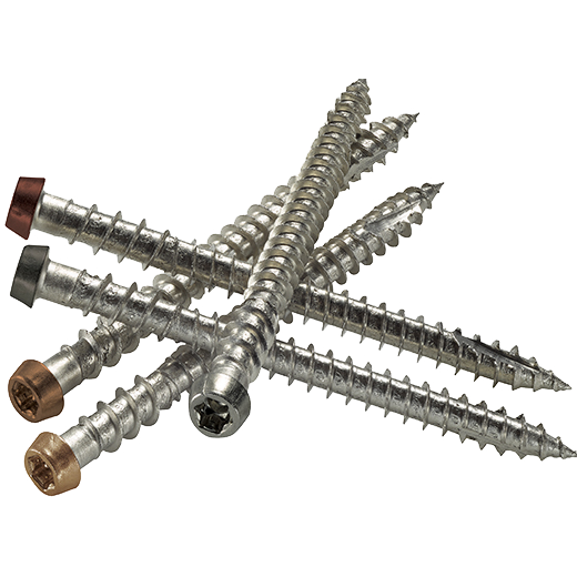 Close-up of TimberTech TOPLoc fasteners in multiple head colors, designed for surface installation of composite and PVC decking.