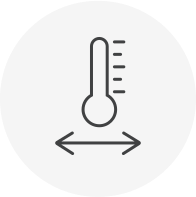 Icon of a thermometer with horizontal arrows indicating minimal thermal expansion in Deckorators Vault decking.