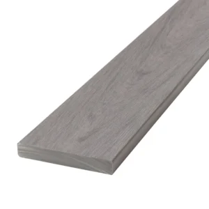 Detailed view of a Deckorators Vault Dusk solid-edge deck board showcasing subtle grain patterns and straight-edge finishing for visible applications like borders or stairs.