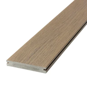 Deckorators Vista grooved-edge deck board in Dunewood featuring a smooth brown finish with integrated side grooves for hidden fastener installation.