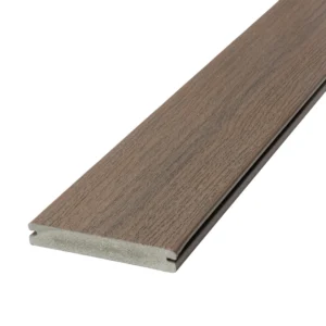 Deckorators Vista Ironwood grooved deck board displayed at an angle, highlighting its side profile and textured finish.