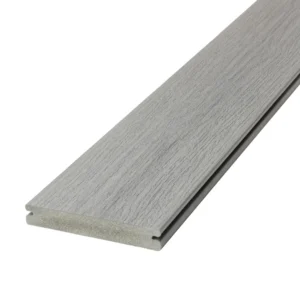 Grooved-edge Deckorators Vista Silverwood board displaying light gray finish with fine streaking and wood-like grain.