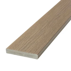 Deckorators Vista starter deck board in Dunewood showing a clean square edge and warm brown color with woodgrain texture for seamless perimeter board installation.