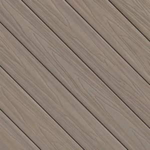 Fiberon ArmorGuard decking swatch in Aspen Gray, a soft light gray tone with subtle streaking and woodgrain texture for a clean, modern look.