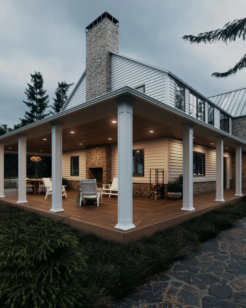 A cozy covered porch with brown composite decking, white columns, and Adirondack chairs facing a stone fireplace, creating a warm and inviting outdoor living space.