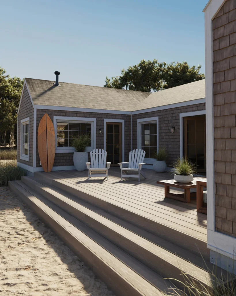 A beachside cottage with gray composite decking, white Adirondack chairs, and a wooden surfboard leaning against the house, overlooking sandy surroundings.