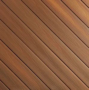 Close-up view of Horizon collection’s Ipe, a dark reddish-brown decking board with high-contrast streaking inspired by tropical hardwoods.