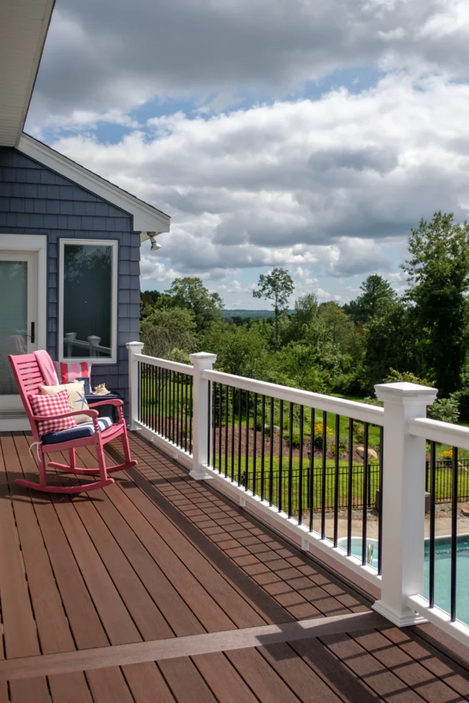 A balcony deck with dark brown composite boards, a white railing, and a bright pink rocking chair overlooking a green backyard and pool.
