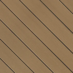 Fiberon Paramount decking swatch in Clay, a soft taupe shade with clean woodgrain detailing and a smooth, classic appearance.