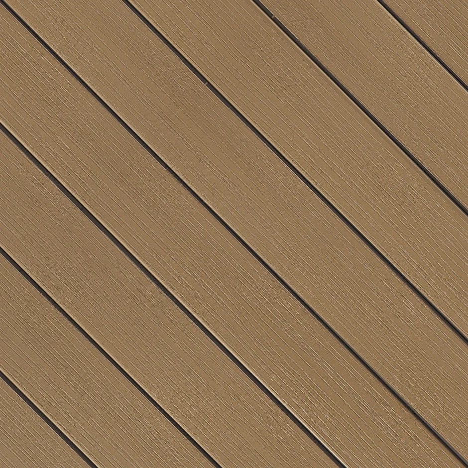 Fiberon Paramount decking swatch in Clay, a soft taupe shade with clean woodgrain detailing and a smooth, classic appearance.
