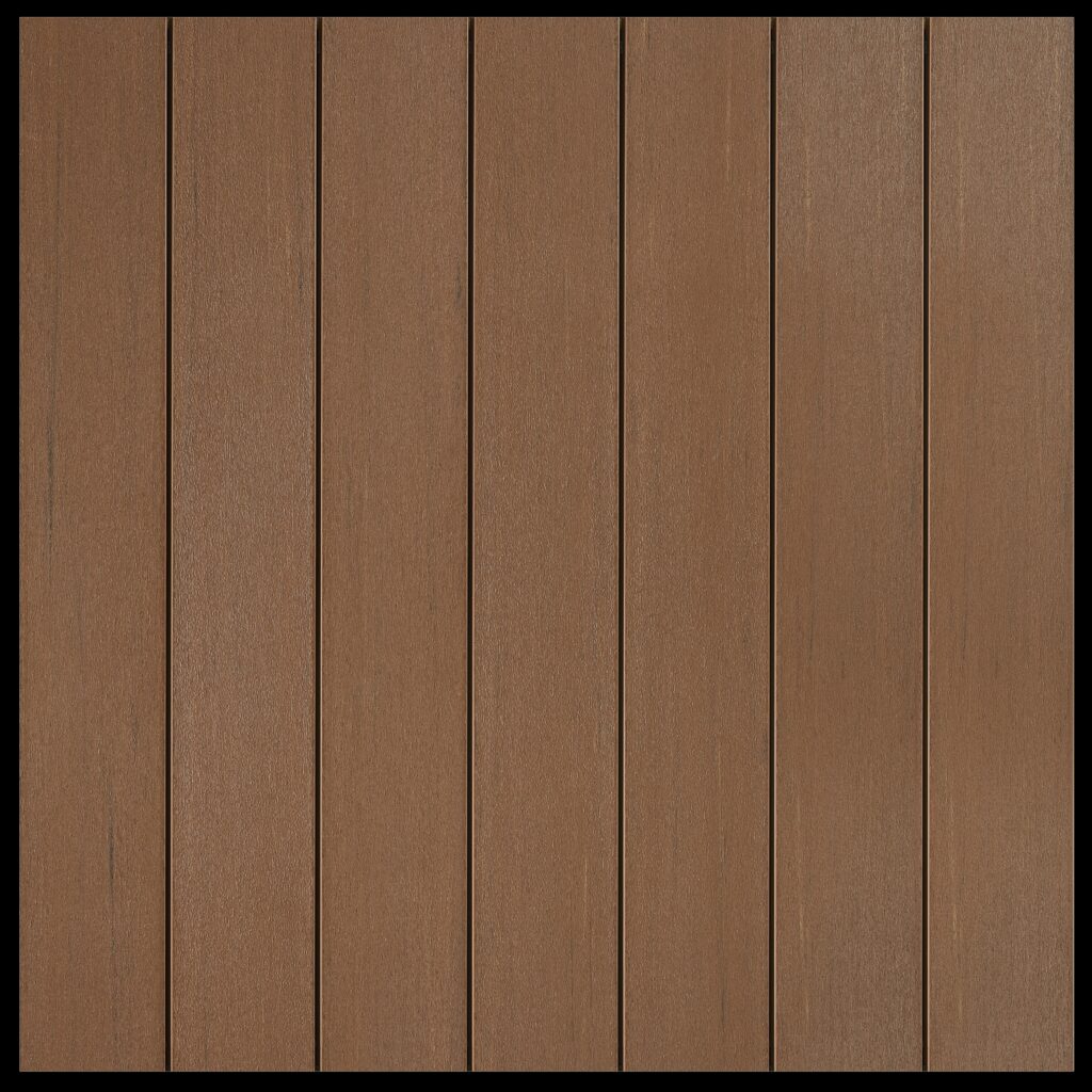 Close-up of Fiberon Promenade decking in Natural Reef, a warm medium brown with fine grain detail. Offers a natural wood appearance with durable PVC performance.