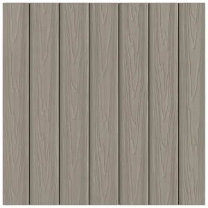 Fiberon Veranda Builder’s Select decking swatch in Stone Gray, a classic light gray tone with a smooth woodgrain pattern for a clean, neutral look.