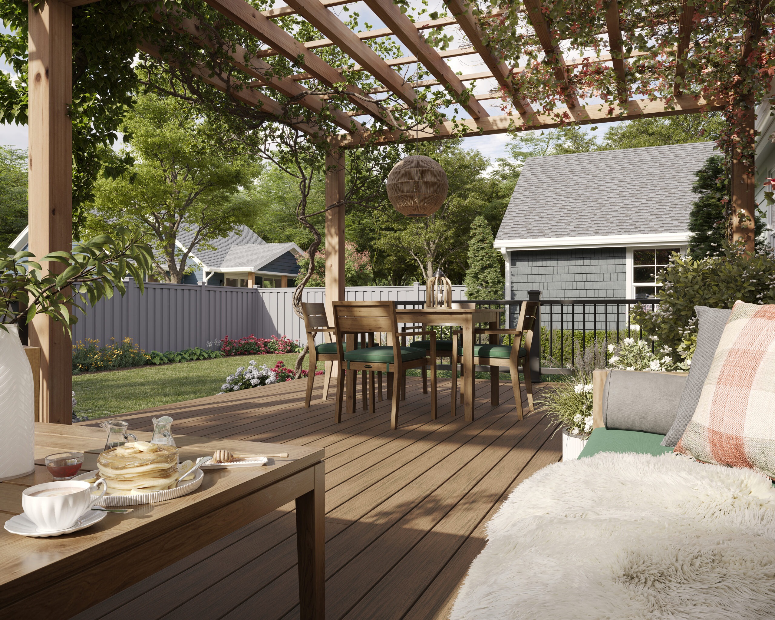 Medium-sized residential deck, around 12x16, designed for outdoor dining and lounging, built with composite decking and typical deck size layout.