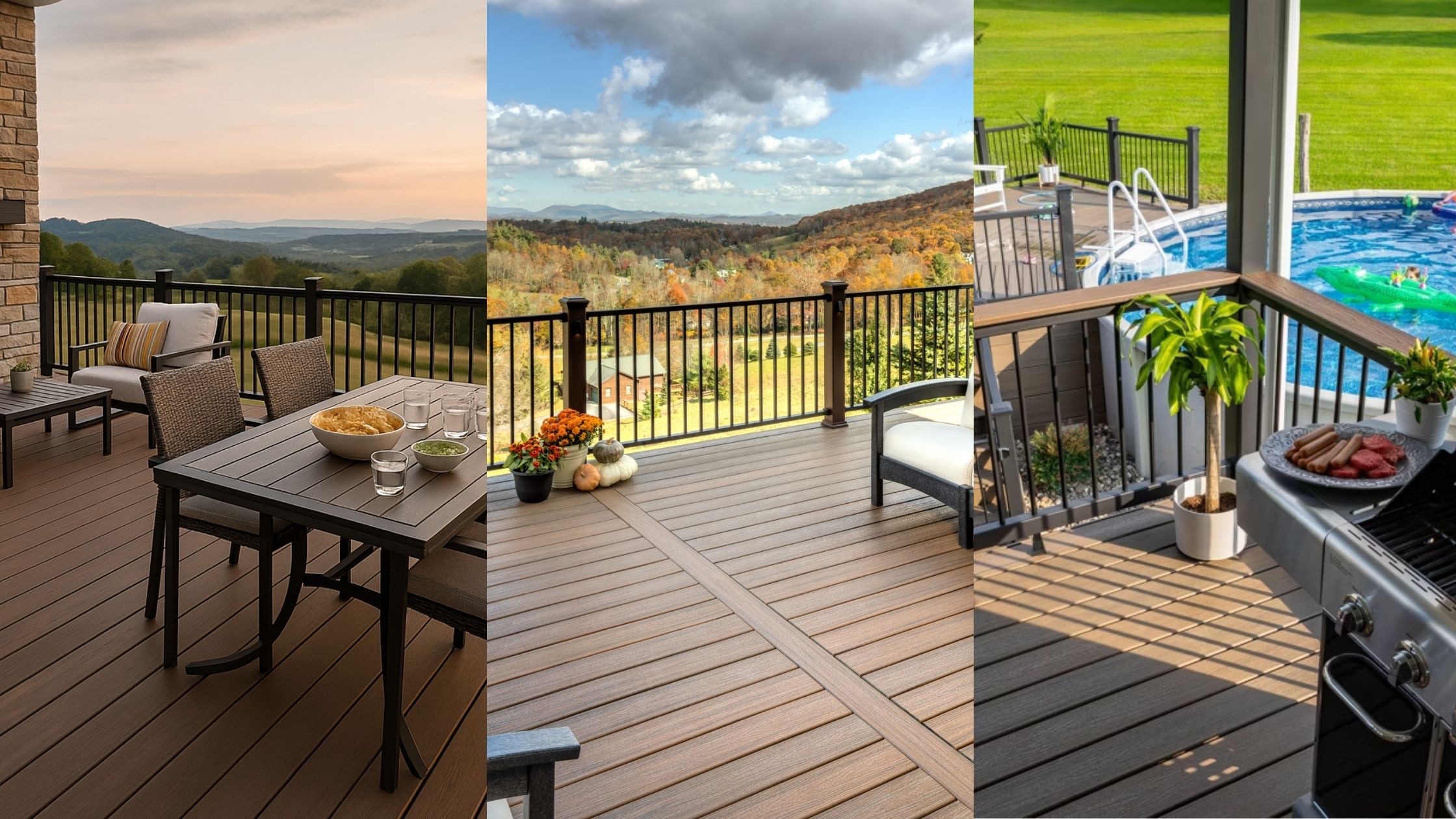 Three deck layouts showing how deck sizes support dining, lounging, and poolside grilling, using standard deck board width and spacing.